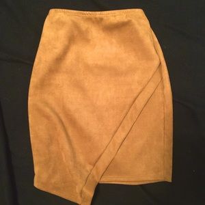 Faux Suede Tan Short Asymmetrical Bodycon Skirt